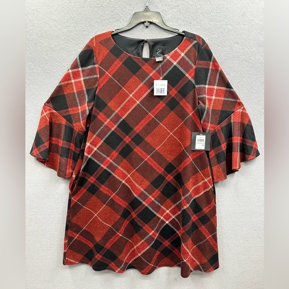 NWT Jessica Howard Shift Dress Plus Sz 1X 3/4 Bell Sleeve Flannel Rust Red Plaid - Picture 1 of 8